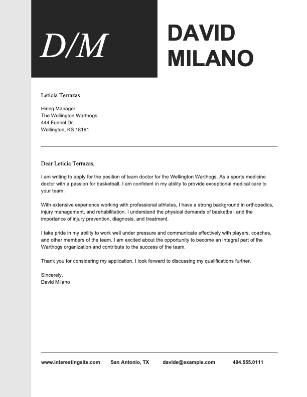Modern initials cover letter